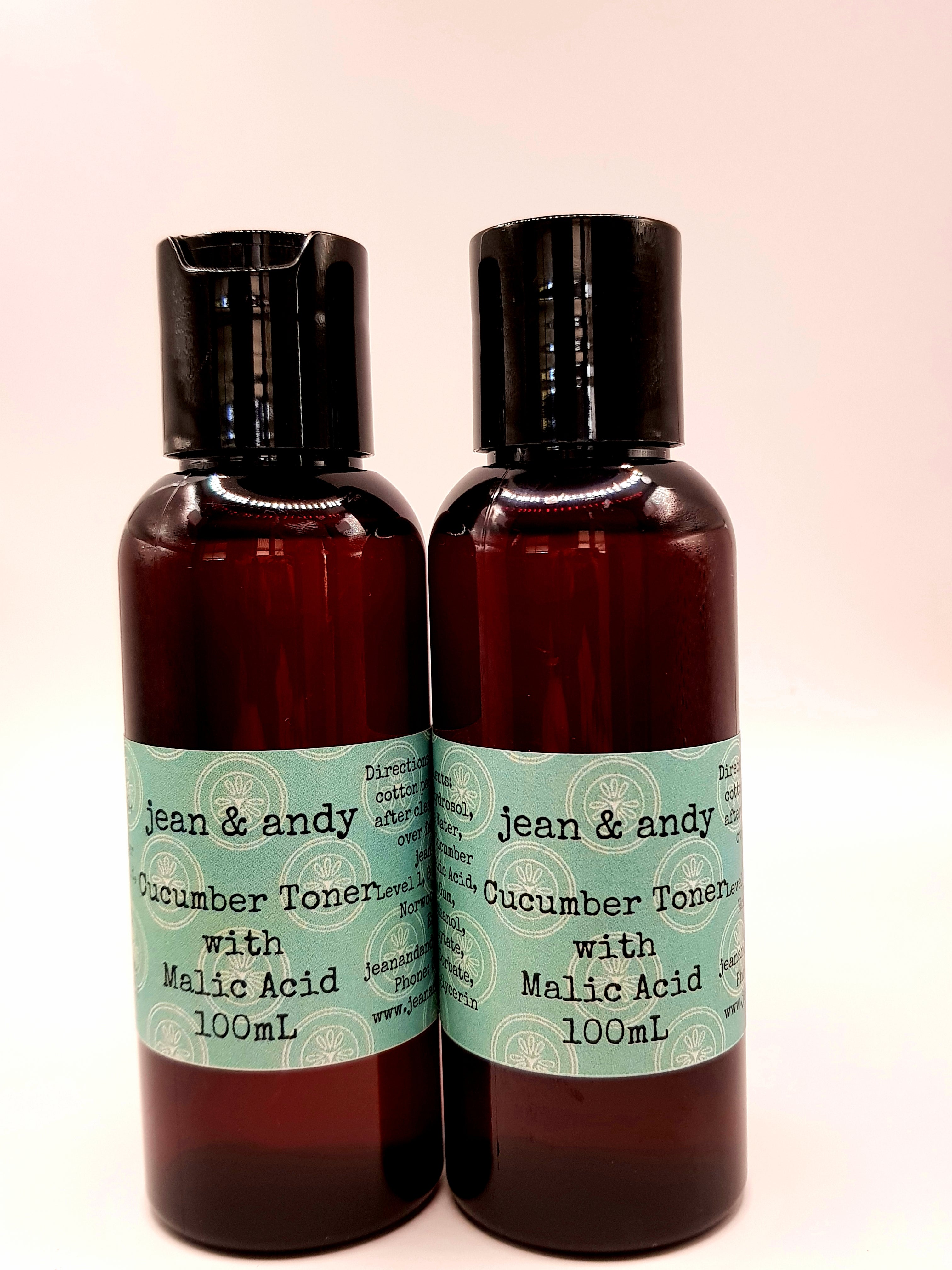 two 100 mL bottles of cucumber toner with malic acid